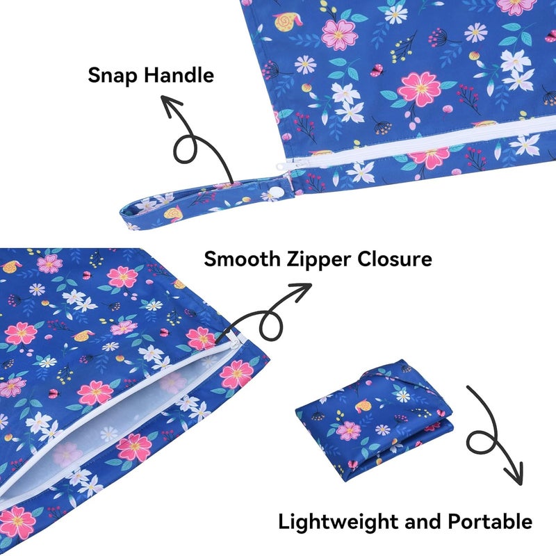 OTraki 3 Pack Waterproof Wet Dry Bag with Zippered & Handle Reusable Wet Clothes Bag Baby Cloth Diaper Wet Bags for Swimming Travel Beach Pool Gym, Daycare Organizer (Flower Pattern) - Image 2